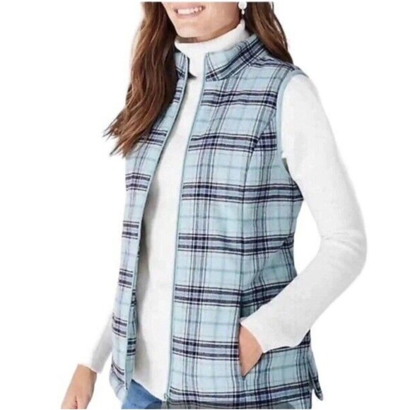 J.JILL Light Blue Plaid Flannel Fleece Lined Puffer Vest Size XL - Women's - Picture 1 of 8